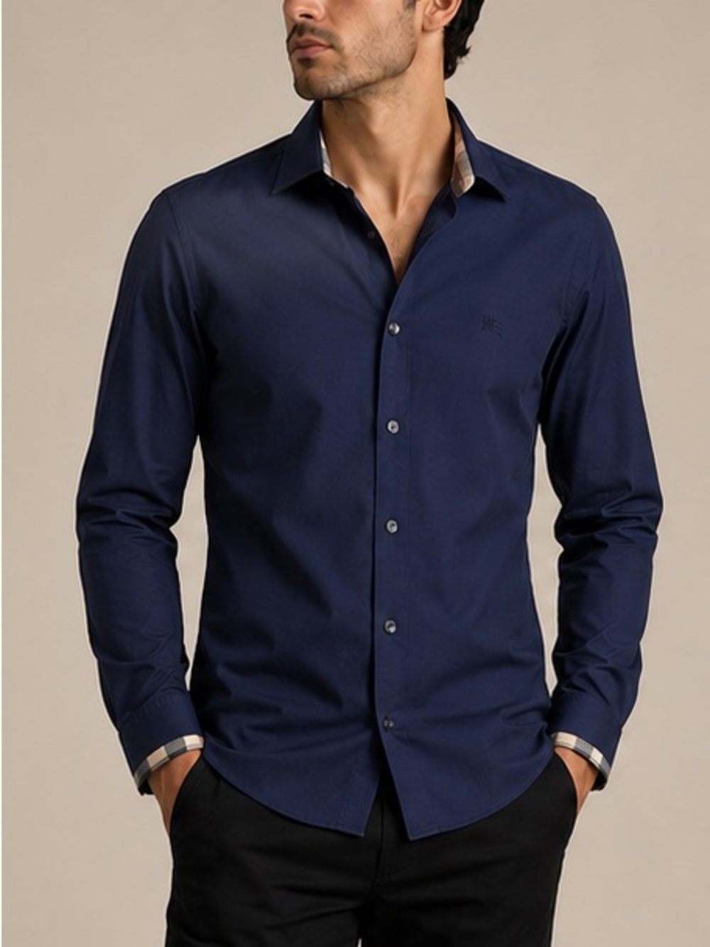 Burberry Navy Long-Sleeve Dress Shirt with Contrast Trim